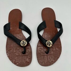 Tory Burch Black Leather with brown base Thong Sandals with Gold Logo